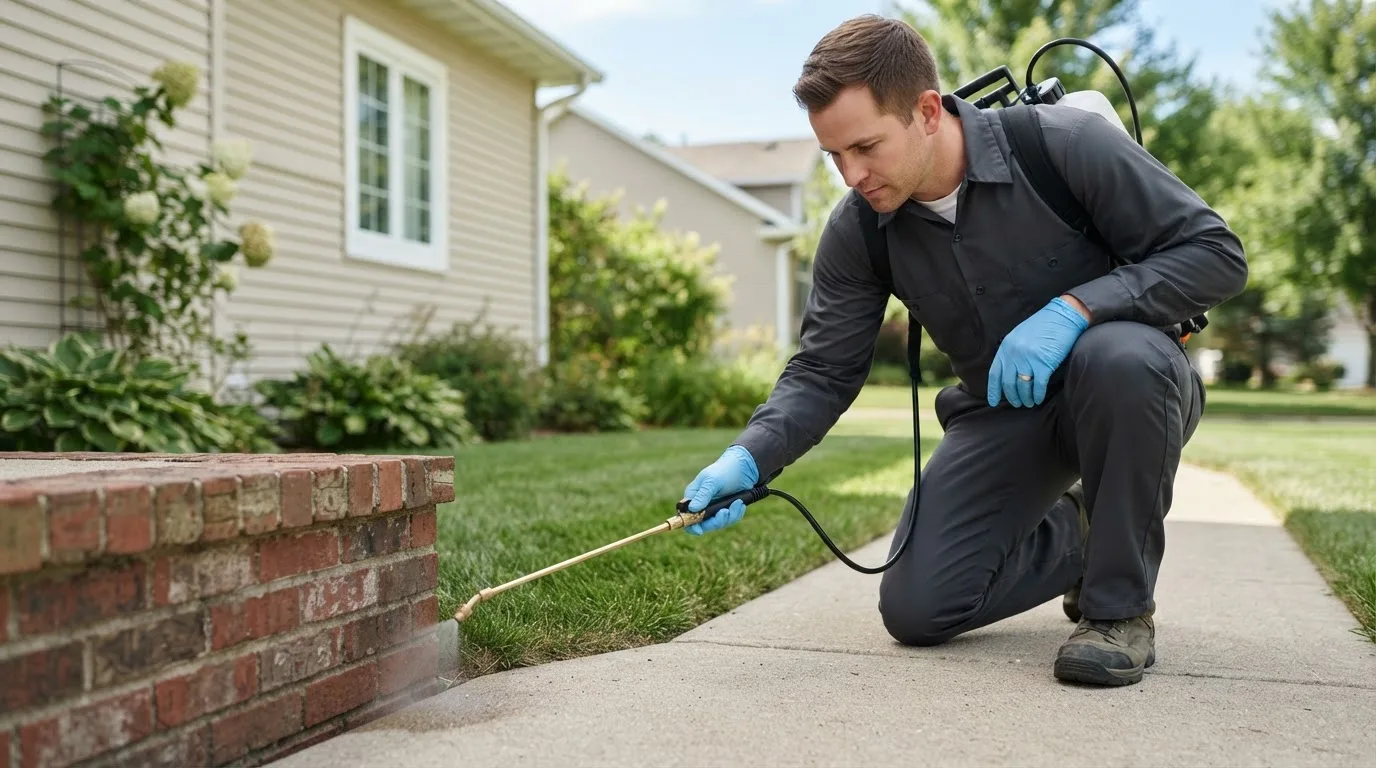 Pest control technician treating a home near Palisade, NE