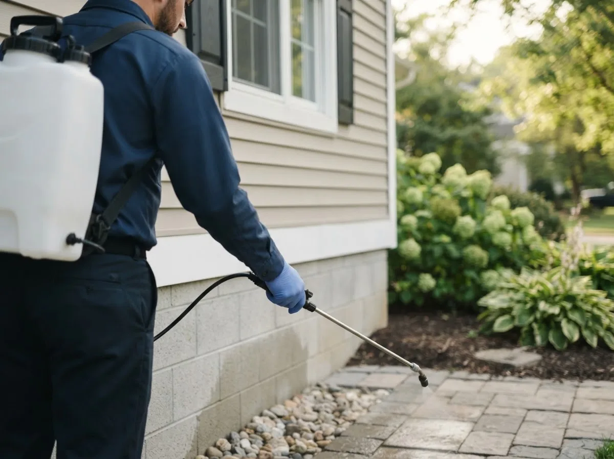 Pest control technician inspecting a home in Palisade, NE